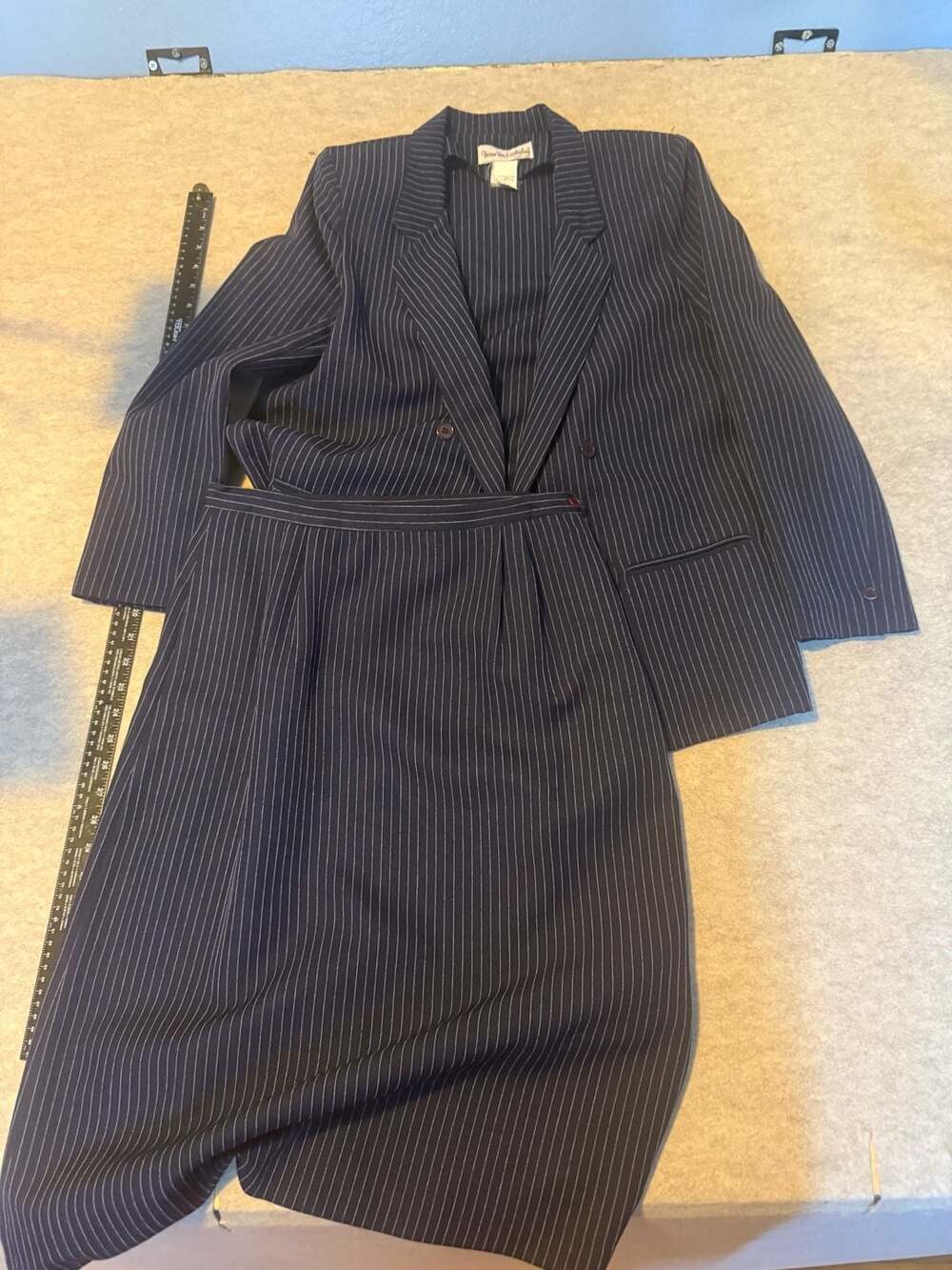 Vintage Diane Von Furstenberg Navy Pinstripe Blazer and Skirt Suit Set, Size 14